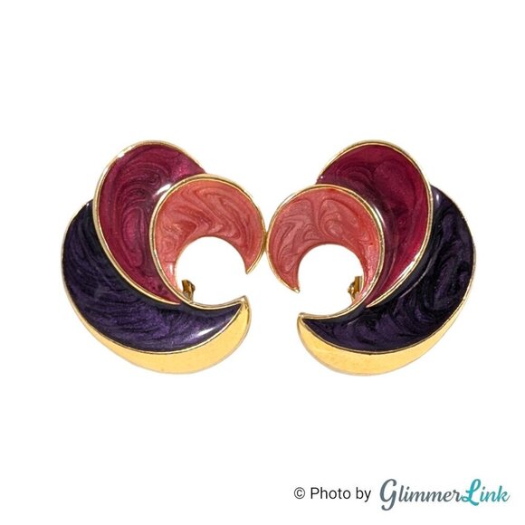 VTG 90s Avon Swirl of Color Swirl Pink Purple Enamel Gold Tone Clip On Earrings - Picture 1 of 12